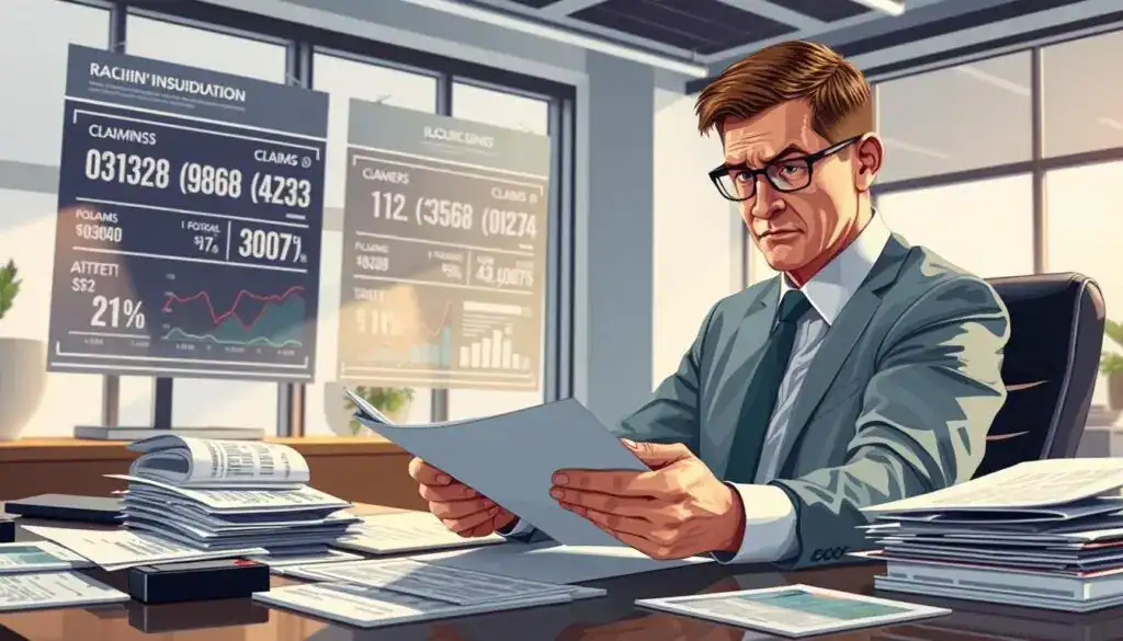A detailed illustration depicting the concept of insurance claim reduction in automotive insurance. In the foreground, a serious, professional-looking insurance agent in business attire sits at a modern desk cluttered with paperwork and claims documents, examining a policy file. In the middle ground, a digital display shows fluctuating graphs and charts representing claim amounts and reductions. The background features a sleek office with large windows allowing soft natural light to filter in, creating a bright and contemplative atmosphere. The mood should convey tension and scrutiny, highlighting the serious nature of reducing insurance payouts. The angle is slightly elevated, providing a clear view of both the agent's focused expression and the surrounding office environment, suggesting a corporate setting.