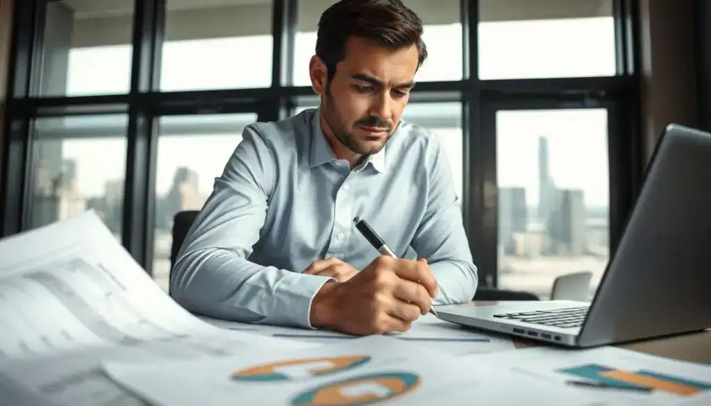 A professional insurance adjuster in business attire, analyzing an accident claim, is seated at a desk surrounded by paperwork and diagrams detailing the incident. The foreground features close-up shots of claim forms and a laptop displaying data. In the middle, the adjuster is focused and contemplative, jotting down notes with a pen. The background shows a large window letting in natural light, revealing a cityscape outside, symbolizing the complexities of urban life and insurance challenges. The mood is serious and analytical, with a color palette of soft blues and grays, creating an atmosphere of professionalism and thoroughness in the investigation of accident damages.