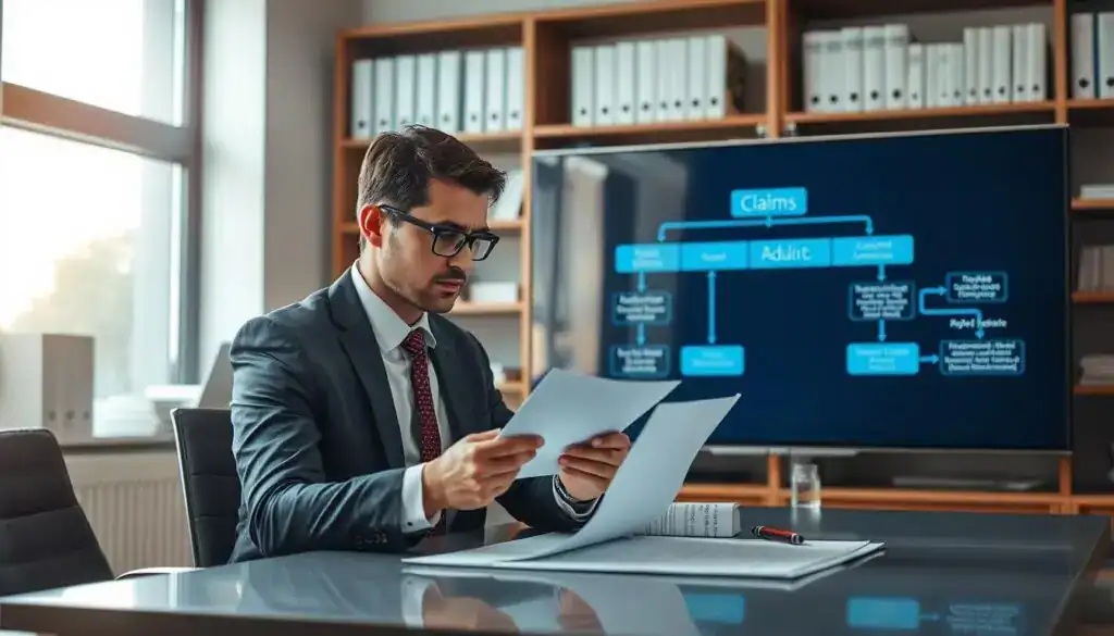A professional office setting depicting the process of reporting an insurance claim. In the foreground, a focused insurance adjuster in professional business attire analyzes a claim document on a sleek, modern desk. The middle ground features a large digital screen displaying a flowchart of the claims process, with keywords and icons representing various stages. In the background, shelves filled with neatly arranged insurance books and manuals create a scholarly atmosphere. Soft, natural lighting filters in from a window, casting gentle shadows and enhancing the calm yet serious mood of the scene. The composition is shot from a slightly elevated angle, emphasizing the adjuster's concentration and the complexity of the claims procedure in the insurance industry. A professional office setting depicting the process of reporting an insurance claim. In the foreground, a focused insurance adjuster in professional business attire analyzes a claim document on a sleek, modern desk. The middle ground features a large digital screen displaying a flowchart of the claims process, with keywords and icons representing various stages. In the background, shelves filled with neatly arranged insurance books and manuals create a scholarly atmosphere. Soft, natural lighting filters in from a window, casting gentle shadows and enhancing the calm yet serious mood of the scene. The composition is shot from a slightly elevated angle, emphasizing the adjuster's concentration and the complexity of the claims procedure in the insurance industry.