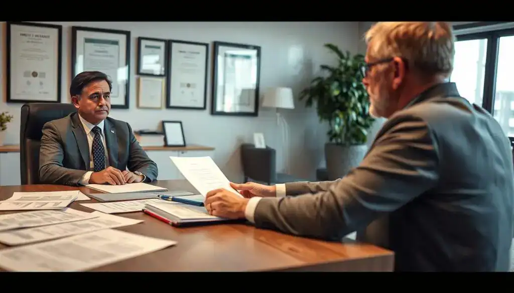 A professional scene illustrating the process of claims settlement in the insurance industry. In the foreground, a well-dressed advisor, wearing business attire, is sitting at a desk, discussing with a concerned client, who appears attentive and engaged. The middle ground features documents, including insurance papers and policy summaries, spread across the desk, emphasizing the detailed nature of the claims process. In the background, a modern office setting with framed certifications and a large window letting in natural light, creates a bright and inviting atmosphere. The mood is serious yet supportive, capturing the importance of understanding one's rights in obtaining compensation. The image is taken with a slight angle to enhance depth, focusing on the interaction between the advisor and the client. A professional scene illustrating the process of claims settlement in the insurance industry. In the foreground, a well-dressed advisor, wearing business attire, is sitting at a desk, discussing with a concerned client, who appears attentive and engaged. The middle ground features documents, including insurance papers and policy summaries, spread across the desk, emphasizing the detailed nature of the claims process. In the background, a modern office setting with framed certifications and a large window letting in natural light, creates a bright and inviting atmosphere. The mood is serious yet supportive, capturing the importance of understanding one's rights in obtaining compensation. The image is taken with a slight angle to enhance depth, focusing on the interaction between the advisor and the client.