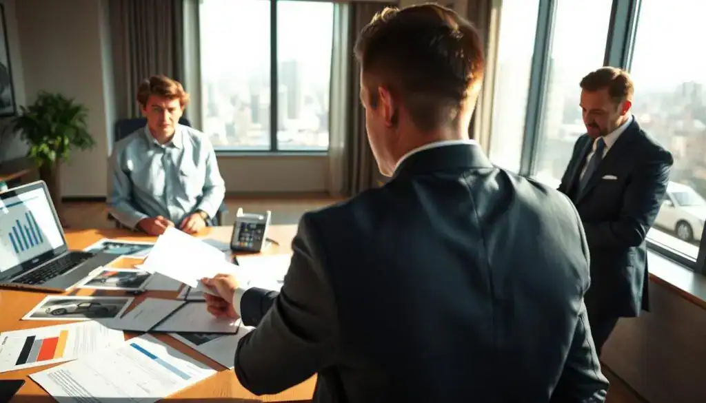 A professional, well-lit office environment showcasing a meeting between an insurance claims adjuster and a policyholder. In the foreground, the policyholder, dressed in business attire, looks concerned while reviewing documents and evidence of a recent vehicle accident. The adjuster, also in business casual, appears attentive and analyzing the papers. In the middle ground, a large desk is covered with claim forms, a laptop displaying charts, and various images of the damaged vehicle. In the background, a window shows a cityscape and natural light pouring in, creating an atmosphere of urgency and professionalism. The overall mood is tense yet hopeful, reflecting the struggle against unfair insurance practices.