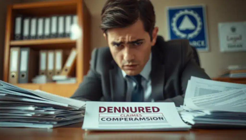 A close-up view of a distressed individual seated at a wooden desk cluttered with paperwork and insurance documents. The person's expression conveys frustration and confusion, dressed in professional business attire, a male or female with a furrowed brow. In the middle ground, a stack of denied claims and a rejected application form highlight the theme of denied compensation. The background features a softly blurred office setting with shelves of legal files and an indistinct insurance company's logo on the wall. The scene is warmly lit to create an atmosphere of tension and uncertainty, captured with a shallow depth of field to emphasize the subject's emotional struggle against the bureaucratic backdrop. A close-up view of a distressed individual seated at a wooden desk cluttered with paperwork and insurance documents. The person's expression conveys frustration and confusion, dressed in professional business attire, a male or female with a furrowed brow. In the middle ground, a stack of denied claims and a rejected application form highlight the theme of denied compensation. The background features a softly blurred office setting with shelves of legal files and an indistinct insurance company's logo on the wall. The scene is warmly lit to create an atmosphere of tension and uncertainty, captured with a shallow depth of field to emphasize the subject's emotional struggle against the bureaucratic backdrop.