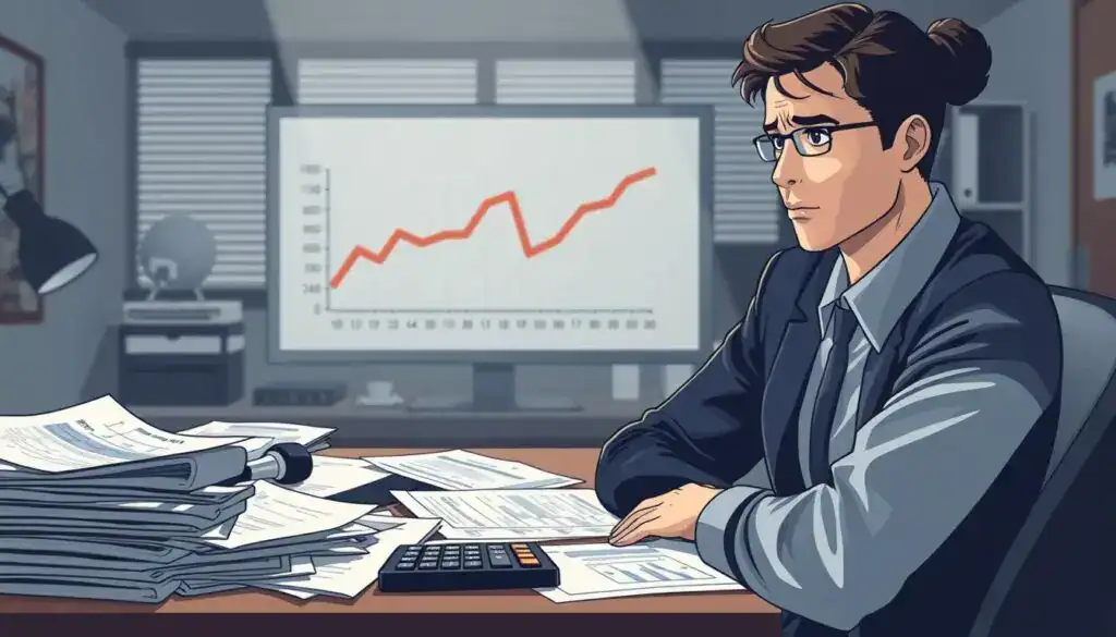 A conceptual illustration depicting the theme of "underreporting compensation" by insurance companies for car accidents. In the foreground, a businessperson in professional attire, looking concerned, sits at a desk cluttered with paperwork and insurance forms. In the middle ground, a digital screen displays an ambiguous graph highlighting declining compensation trends, surrounded by various legal documents and a calculator. The background features an office environment with dim lighting to evoke a sense of urgency and tension, as shadows loom over the desk. The overall atmosphere is serious and analytical, capturing the essence of the challenges faced by individuals in getting fair compensation. The focus is sharp on the character and documents, with a slight blur on the background to emphasize the subject matter. A conceptual illustration depicting the theme of "underreporting compensation" by insurance companies for car accidents. In the foreground, a businessperson in professional attire, looking concerned, sits at a desk cluttered with paperwork and insurance forms. In the middle ground, a digital screen displays an ambiguous graph highlighting declining compensation trends, surrounded by various legal documents and a calculator. The background features an office environment with dim lighting to evoke a sense of urgency and tension, as shadows loom over the desk. The overall atmosphere is serious and analytical, capturing the essence of the challenges faced by individuals in getting fair compensation. The focus is sharp on the character and documents, with a slight blur on the background to emphasize the subject matter.