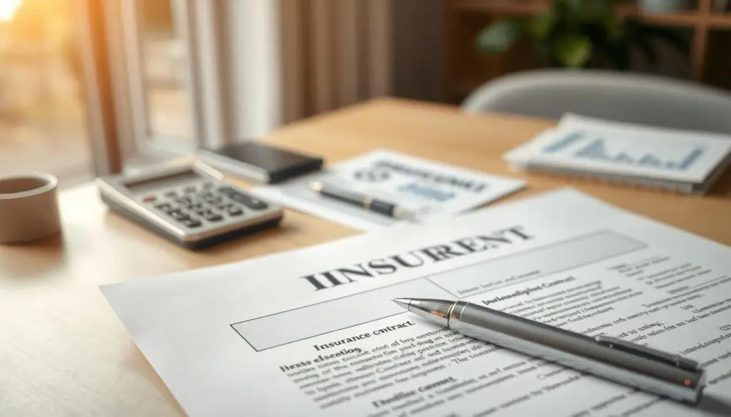 A detailed insurance contract document displayed prominently in the foreground, with a pen resting atop it, symbolizing the signing process. In the middle ground, a blurred office setting featuring a well-organized desk with a calculator, notepad, and financial documents, suggesting a professional environment. The background shows a soft-focus view of a window with natural light streaming in, casting a warm glow over the scene. The overall atmosphere is one of professionalism and clarity, evoking trust and security. The lighting is bright but soft, simulating a calm working day. The lens focus is sharp on the contract in the foreground, creating a sense of importance around the insurance agreement theme.