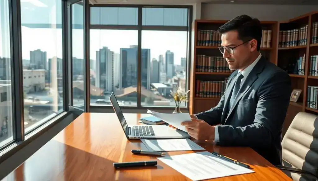 A detailed scene depicting an independent expert evaluating a damage claim in an office setting. In the foreground, a professional-looking individual, dressed in a business suit, is examining documents on a polished wooden desk, surrounded by legal papers and a laptop. In the middle ground, an open window reveals a serene cityscape with modern buildings, suggesting a thoughtful atmosphere. In the background, a bookshelf filled with legal books and reference materials emphasizes the expertise involved. Soft, natural light streams in through the window, casting gentle shadows, creating a mood of diligence and professionalism. The overall composition conveys clarity, integrity, and focus on the importance of independent analysis in insurance claims.