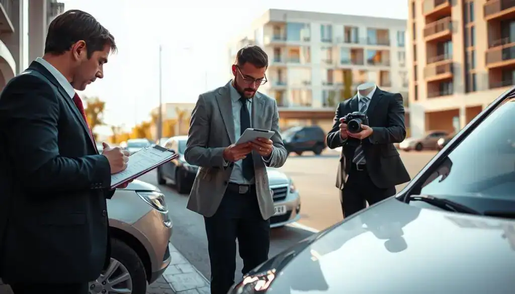 A detailed scene illustrating the assessment of damages by insurance adjusters. In the foreground, two professionals in business attire are examining a damaged car, with one writing notes on a clipboard and the other taking photos using a digital camera. The vehicle displays visible damage, such as dents and scratches, to emphasize the assessment process. In the middle ground, a clean urban street showcases other cars parked neatly, while a nearby building reflects a modern architecture style. The background features a bright, clear sky, suggesting a confident atmosphere of diligence and professionalism. The lighting is soft, with warm tones, creating a serious yet hopeful ambiance, highlighting the meticulous nature of the damage evaluation process. A detailed scene illustrating the assessment of damages by insurance adjusters. In the foreground, two professionals in business attire are examining a damaged car, with one writing notes on a clipboard and the other taking photos using a digital camera. The vehicle displays visible damage, such as dents and scratches, to emphasize the assessment process. In the middle ground, a clean urban street showcases other cars parked neatly, while a nearby building reflects a modern architecture style. The background features a bright, clear sky, suggesting a confident atmosphere of diligence and professionalism. The lighting is soft, with warm tones, creating a serious yet hopeful ambiance, highlighting the meticulous nature of the damage evaluation process.