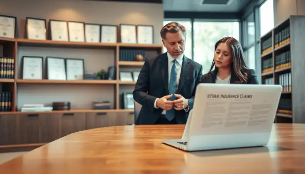A modern law office interior, featuring a sleek wooden desk and a laptop displaying legal documents about insurance claims. In the foreground, a professional female lawyer in business attire is consulting with a male client, who appears concerned but engaged. The middle ground includes shelves lined with legal books and certificates, symbolizing expertise. The background shows a large window with natural light streaming in, creating a warm and inviting atmosphere. The lighting should be soft yet illuminating, enhancing the serious tone of legal consultation. The focus should be sharp on the lawyer and client, while the background is slightly blurred to emphasize their interaction. Overall, the scene conveys a sense of professionalism, trust, and the importance of legal guidance in navigating insurance disputes.