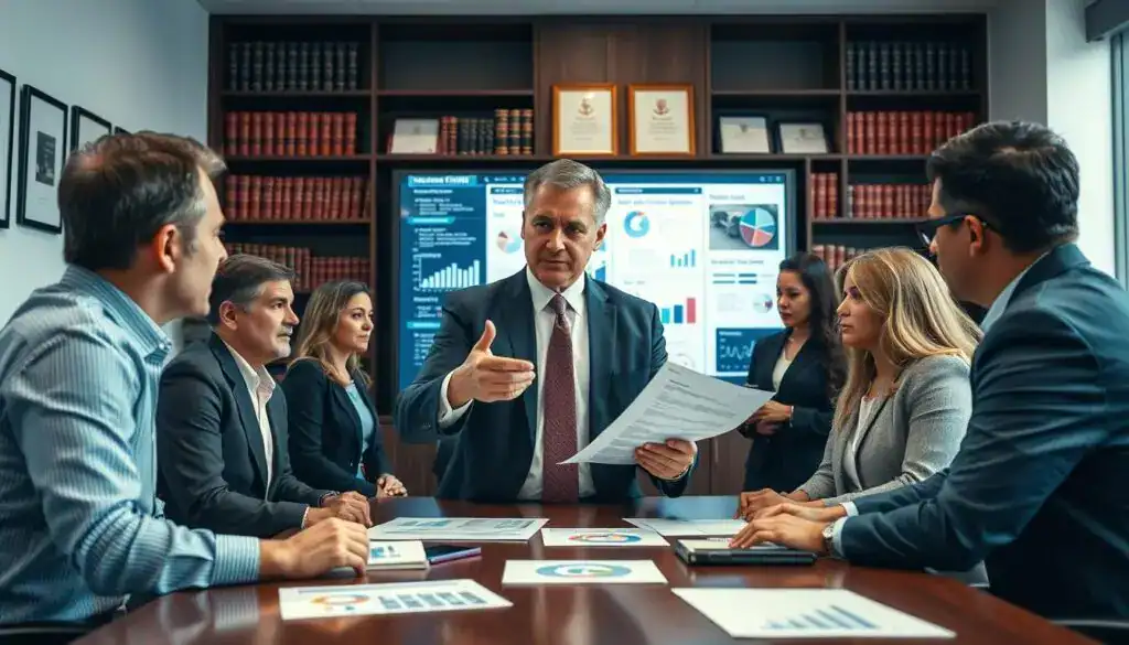 A polished office environment featuring a diverse group of professionals engaged in a serious discussion around a conference table. In the foreground, a middle-aged man in a business suit is gesturing towards charts and documents, illustrating the complexities of insurance fraud. The middle section showcases a large screen displaying various statistics and visuals related to claims and payouts. The background includes shelves filled with legal books and framed certificates, symbolizing expertise and authority. Soft, diffused lighting creates a serious yet focused atmosphere, with the angle capturing both the intensity of the conversation and the importance of the topic. The mood is one of professionalism, analysis, and critical thought. A polished office environment featuring a diverse group of professionals engaged in a serious discussion around a conference table. In the foreground, a middle-aged man in a business suit is gesturing towards charts and documents, illustrating the complexities of insurance fraud. The middle section showcases a large screen displaying various statistics and visuals related to claims and payouts. The background includes shelves filled with legal books and framed certificates, symbolizing expertise and authority. Soft, diffused lighting creates a serious yet focused atmosphere, with the angle capturing both the intensity of the conversation and the importance of the topic. The mood is one of professionalism, analysis, and critical thought.