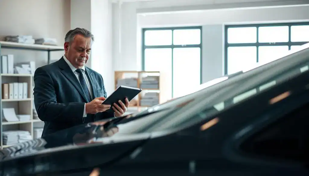 A professional adjuster evaluating damage in a bright, modern office setting. In the foreground, the adjuster, a middle-aged Caucasian man in a smart business suit, examines a damaged vehicle, taking notes on a tablet. In the middle ground, a large window lets in natural light, highlighting the detailed features of the car, including dents and scratches on the surface. In the background, shelves are stocked with reports and assessment tools, creating a sense of professionalism. The mood is focused and analytical, emphasizing the importance of the adjuster's role in assessing claims and damage, with a clean and organized workspace that reflects competence and reliability.