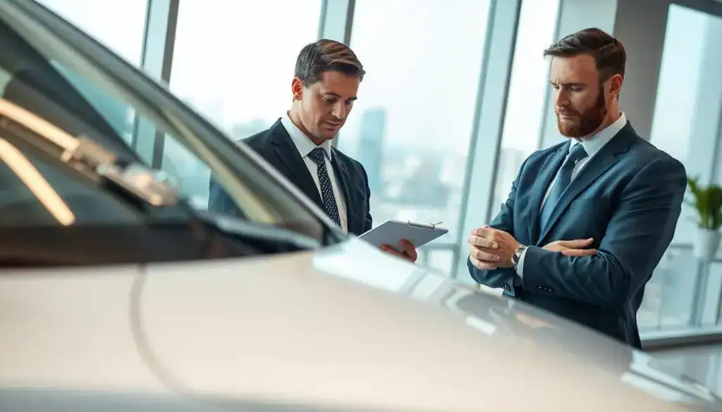 A professional insurance adjuster, dressed in business attire, analyzing a damaged vehicle in a well-lit, modern office setting. In the foreground, there is a detailed close-up of the vehicle damage, showcasing scratches and dents. In the middle, the adjuster is thoughtfully taking notes on a clipboard while examining the car’s exterior. The background features large windows with a view of a city landscape, emphasizing professionalism. Soft natural light filters through, creating a calm and contemplative atmosphere. The overall mood reflects a sense of diligence and expertise in determining the value of damages for insurance claims. The image should be realistic, with a sharp focus on the adjuster's expression and the damaged vehicle.
