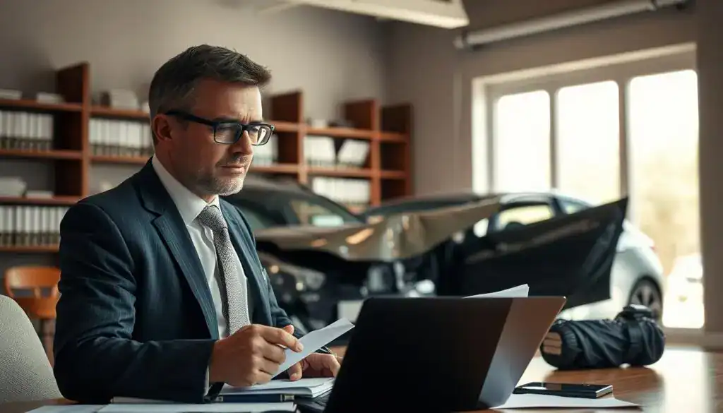 A professional insurance adjuster in a crisp business suit examines a damaged vehicle in a well-lit office environment. The foreground features a detailed close-up of the adjuster, focused and taking notes, with a laptop and insurance documents visible on the desk. In the middle ground, the vehicle showcases signs of damage, emphasizing the adjuster's assessment role in the claim process. The background includes shelves filled with insurance books and a large window allowing natural light to illuminate the scene, creating a warm, serious atmosphere that conveys the importance of thorough evaluations in the compensation process. The image should reflect professionalism and diligence, without any text or distracting elements.