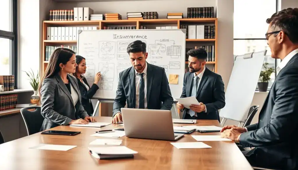A professional insurance office scene highlighting "insurer requirements for clients." In the foreground, a diverse group of four individuals dressed in formal business attire, including a woman in a tailored blazer and three men in suits, are engaged in a serious discussion around a modern conference table strewn with papers and a laptop. In the middle ground, a large whiteboard displays key points and diagrams outlining insurance criteria. The background features shelves filled with legal books and certificates, emphasizing professionalism. Soft, natural lighting filters through large windows, casting a warm glow on the scene. The atmosphere is focused and analytical, ideal for understanding insurer-client relationships and requirements. A professional insurance office scene highlighting "insurer requirements for clients." In the foreground, a diverse group of four individuals dressed in formal business attire, including a woman in a tailored blazer and three men in suits, are engaged in a serious discussion around a modern conference table strewn with papers and a laptop. In the middle ground, a large whiteboard displays key points and diagrams outlining insurance criteria. The background features shelves filled with legal books and certificates, emphasizing professionalism. Soft, natural lighting filters through large windows, casting a warm glow on the scene. The atmosphere is focused and analytical, ideal for understanding insurer-client relationships and requirements.