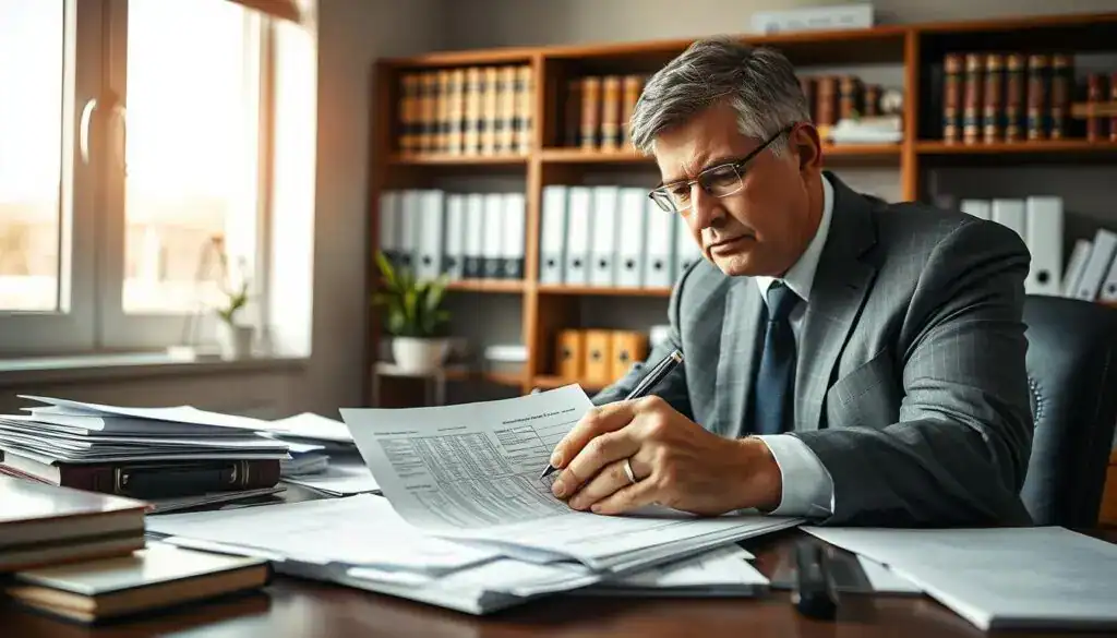 A professional insurance office setting featuring a middle-aged male insurance adjuster in a well-fitted suit, sitting at a desk cluttered with paperwork and claims documents, examining an application for compensation. In the foreground, emphasize the hands of the adjuster as he highlights specific points on the claim with a pen, conveying a sense of scrutiny and assessment. The middle ground showcases a large window allowing soft, natural light to flood in, casting gentle shadows across the room. The background includes shelves filled with insurance books and case files, symbolizing the complexity of claims processing. The overall mood is serious and contemplative, highlighting the importance of rights in the insurance claim process while maintaining a professional atmosphere.