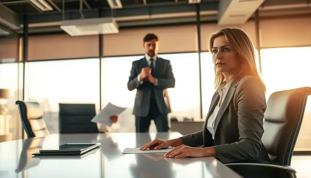 A professional office scene depicting a determined individual engaged in a discussion with an insurance representative, highlighting the theme of fighting a claim denial. In the foreground, a woman in professional attire sits at a sleek conference table, her expression resolute and confident. In the middle, a stern-looking insurance agent stands, gesturing with documents in hand, projecting authority and intensity. The background features a modern office with large windows allowing soft natural light to filter in, casting a warm glow over the scene. The mood is tense yet hopeful, encapsulating the struggle against bureaucracy. The angle is slightly tilted to emphasize the confrontation, ensuring no text or branding is present. A professional office scene depicting a determined individual engaged in a discussion with an insurance representative, highlighting the theme of fighting a claim denial. In the foreground, a woman in professional attire sits at a sleek conference table, her expression resolute and confident. In the middle, a stern-looking insurance agent stands, gesturing with documents in hand, projecting authority and intensity. The background features a modern office with large windows allowing soft natural light to filter in, casting a warm glow over the scene. The mood is tense yet hopeful, encapsulating the struggle against bureaucracy. The angle is slightly tilted to emphasize the confrontation, ensuring no text or branding is present.