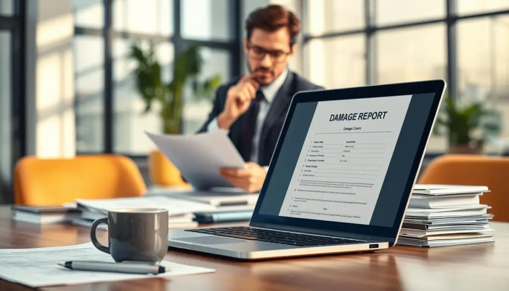 A professional office scene illustrating the concept of a damage report. In the foreground, a well-organized desk with a laptop open, displaying a digital form for damage claims. Beside it, neatly stacked papers, a pen, and a mug of coffee create a warm yet serious atmosphere. In the middle ground, a business professional in formal attire reviews documents, with a thoughtful expression, emphasizing attention to detail. The background features a modern office with large windows letting in soft, natural light, casting gentle shadows. The overall mood is focused and serious, highlighting the importance of accurate reporting in the claims process. Use a slightly blurred depth of field to draw attention to the foreground elements.