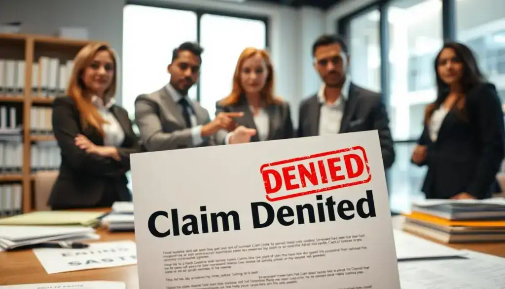 A professional office setting featuring a diverse group of three business people engaged in a tense discussion around a table filled with paperwork and documents. The foreground shows a close-up of a document marked "Claim Denied" with a red stamp, symbolizing the rejection of a compensation claim. In the middle, the individuals are dressed in formal business attire, with one person pointing at the document while the others appear concerned. The background is softly blurred, suggesting a busy office environment, with shelves of files and a large window allowing natural light to filter in. The mood is serious, emphasizing the stress of dealing with insurance claims. The image is captured with a shallow depth of field to highlight the document and the expressions on the faces of the business people.