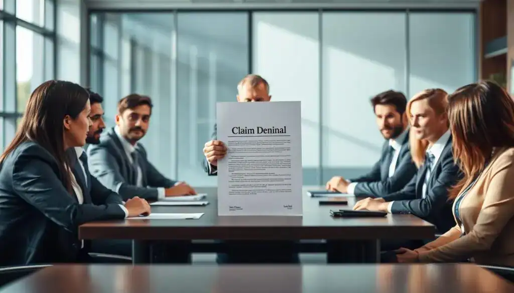 A professional office setting with a large conference table in the foreground, where a diverse group of individuals in business attire are engaged in a serious discussion. In the middle ground, a lawyer is presenting a legal document titled "Claim Denial" to the team, illustrating the theme of legal consequences. The background showcases a modern office environment with large windows letting in natural light, casting soft shadows. The atmosphere is tense and focused, reflecting the gravity of the topic. Use a slight depth of field to emphasize the lawyer and document, while keeping the colleagues blurred yet attentive to convey engagement in the discussion. The lighting should be bright and professional, enhancing the serious mood of the scene.