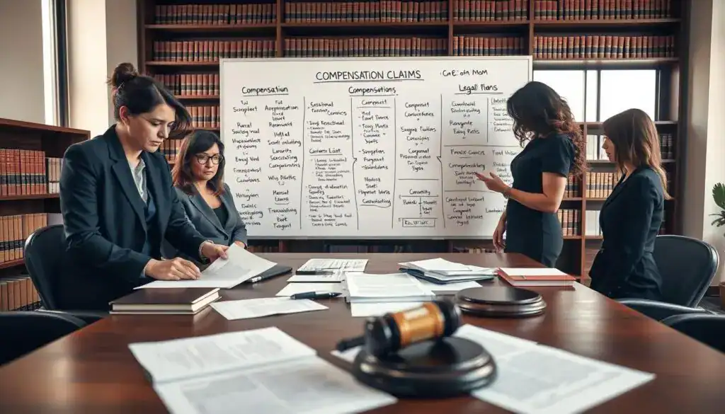 A professional office setting with a large wooden desk in the foreground, scattered with legal documents and a gavel. A serious-looking, diverse group of three professionals in business attire (a woman in a navy blazer, a man in a grey suit, and another woman in a black dress) is engaged in a discussion, examining the documents with intense focus. In the middle ground, a large whiteboard filled with charts and legal terms related to compensation claims. The background features bookshelves filled with law books and a large window letting in soft, natural light, creating an atmosphere of seriousness and professionalism. The overall mood conveys the weight of legal negotiations and the complexities of compensation claims. The image captures the essence of legal aspects of compensation denial without any text overlays or distractions. A professional office setting with a large wooden desk in the foreground, scattered with legal documents and a gavel. A serious-looking, diverse group of three professionals in business attire (a woman in a navy blazer, a man in a grey suit, and another woman in a black dress) is engaged in a discussion, examining the documents with intense focus. In the middle ground, a large whiteboard filled with charts and legal terms related to compensation claims. The background features bookshelves filled with law books and a large window letting in soft, natural light, creating an atmosphere of seriousness and professionalism. The overall mood conveys the weight of legal negotiations and the complexities of compensation claims. The image captures the essence of legal aspects of compensation denial without any text overlays or distractions.