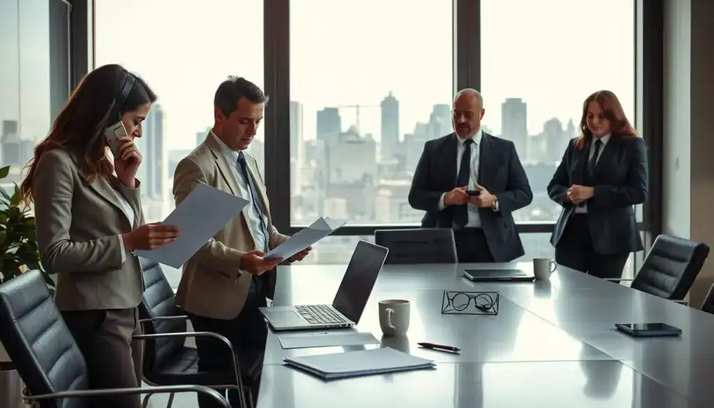 A professional setting depicting an office environment focused on the theme of appeals procedures in insurance claims. In the foreground, a diverse group of four people dressed in business attire – a woman reviewing documents, a man on the phone, and two others engaged in a discussion – conveying collaboration and determination. The middle ground features a modern conference table with papers, a laptop, and a coffee cup, symbolizing a strategic meeting. In the background, a large window allows natural light to flood the room, creating a bright and optimistic atmosphere, while a city skyline provides a sense of urban professionalism. The overall mood is serious yet hopeful, emphasizing the importance of appeals processes in securing rightful compensation. A professional setting depicting an office environment focused on the theme of appeals procedures in insurance claims. In the foreground, a diverse group of four people dressed in business attire – a woman reviewing documents, a man on the phone, and two others engaged in a discussion – conveying collaboration and determination. The middle ground features a modern conference table with papers, a laptop, and a coffee cup, symbolizing a strategic meeting. In the background, a large window allows natural light to flood the room, creating a bright and optimistic atmosphere, while a city skyline provides a sense of urban professionalism. The overall mood is serious yet hopeful, emphasizing the importance of appeals processes in securing rightful compensation.