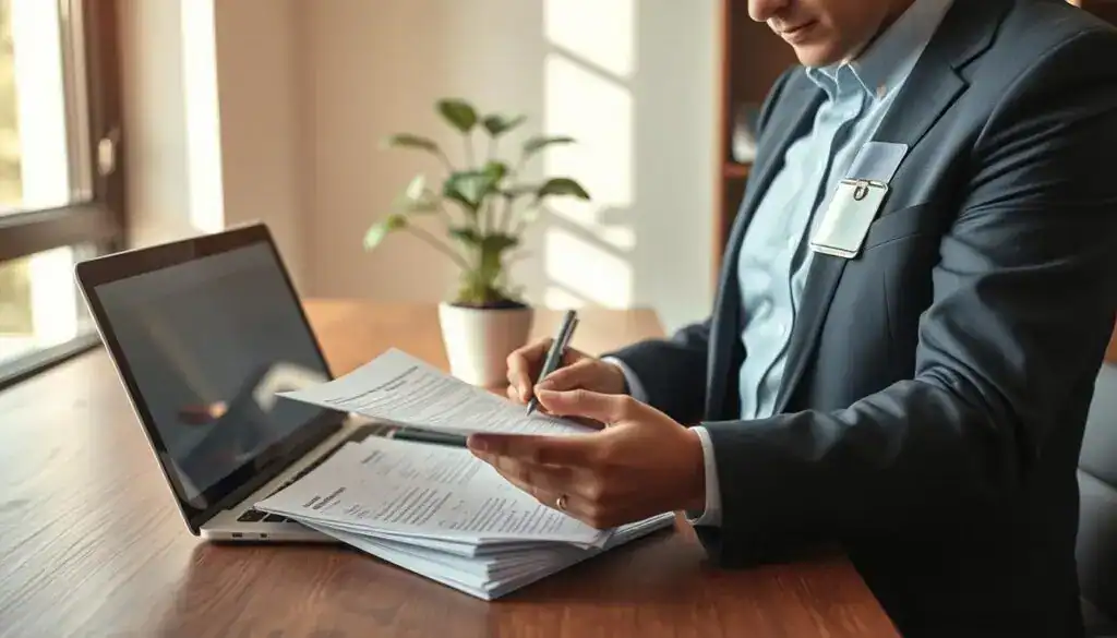 A professional, well-organized office environment serves as the background, featuring a sleek wooden desk with a laptop displaying a detailed insurance claim document. In the foreground, a focused insurance adjuster, dressed in smart business attire, examines a stack of paperwork related to damage claims, highlighting the importance of thorough documentation. Soft natural light streams in from a large window, casting a warm glow across the scene, emphasizing the serious yet collaborative atmosphere. Annotations or markers are visible on the documents, symbolizing the investigative process, while a potted plant adds a touch of greenery to the middle ground. The overall mood is one of professionalism and diligence, reflecting the critical role of documentation in insurance claims.