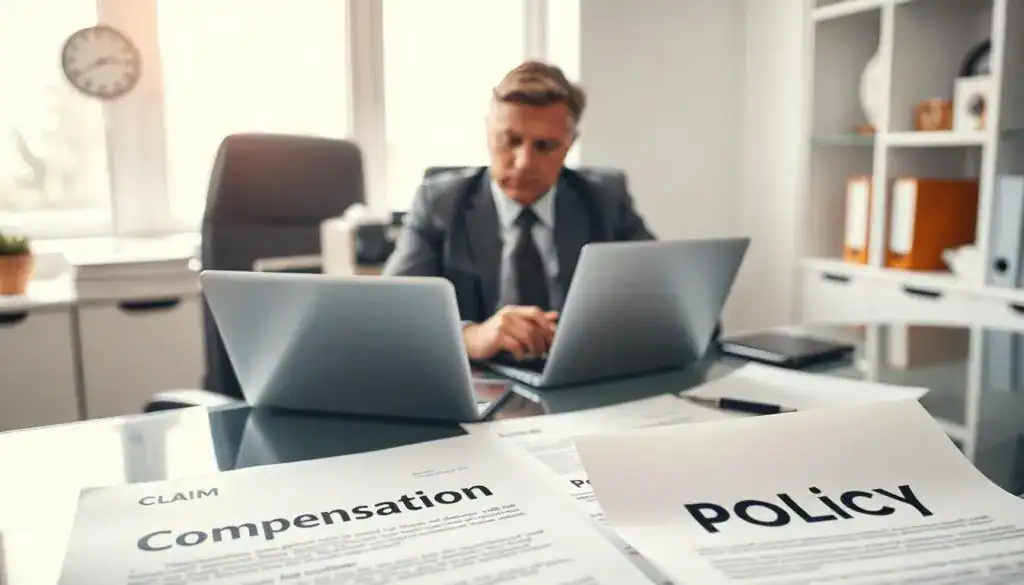 A thoughtful and professional scene depicting a person sitting at a sleek desk in an organized office setting, examining insurance documents with a focused expression. In the foreground, prominent documents labeled "Claim," "Compensation," and "Policy" are spread out, emphasizing the topic of insurance claims. In the middle, a well-dressed individual (a middle-aged person in business attire) is interacting with a laptop, deep in analysis. The background features a bright window with soft, natural light streaming in, creating a warm and inviting atmosphere. The desk is neatly arranged with a few personal items, reflecting a professional yet comfortable environment. The overall mood conveys diligence and the importance of being prepared for insurance discussions, hinting at the theme of securing compensation without confrontation. A thoughtful and professional scene depicting a person sitting at a sleek desk in an organized office setting, examining insurance documents with a focused expression. In the foreground, prominent documents labeled "Claim," "Compensation," and "Policy" are spread out, emphasizing the topic of insurance claims. In the middle, a well-dressed individual (a middle-aged person in business attire) is interacting with a laptop, deep in analysis. The background features a bright window with soft, natural light streaming in, creating a warm and inviting atmosphere. The desk is neatly arranged with a few personal items, reflecting a professional yet comfortable environment. The overall mood conveys diligence and the importance of being prepared for insurance discussions, hinting at the theme of securing compensation without confrontation.