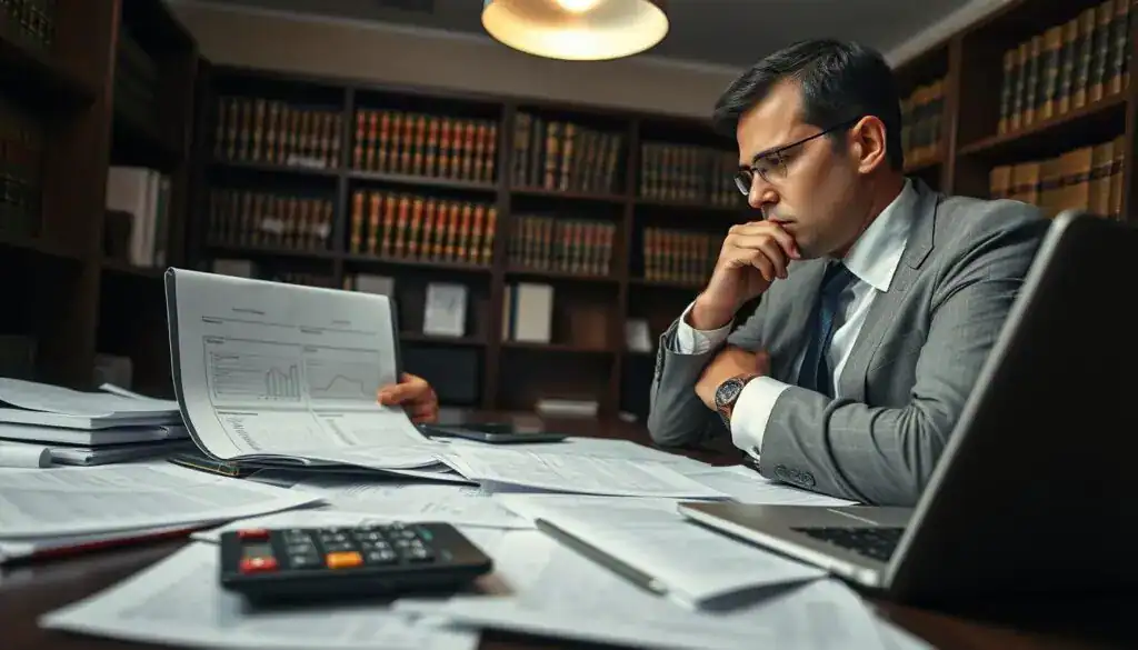 A thoughtful insurance adjuster seated at a desk, analyzing a claim file filled with papers and documents. The foreground features a serious expression on the adjuster's face, wearing professional business attire, with a calculator and a laptop open, revealing data charts. In the middle ground, scattered documents illustrate an ongoing analysis of compensation arguments with highlighted notes and articles. The background includes a dimly lit office with shelves lined with law books and insurance reference materials, creating a somber yet focused atmosphere. Soft overhead lighting casts a warm glow, enhancing the intense mood of determination and scrutiny, while the camera angle captures an intimate view of the desk, emphasizing the importance of the subject matter.