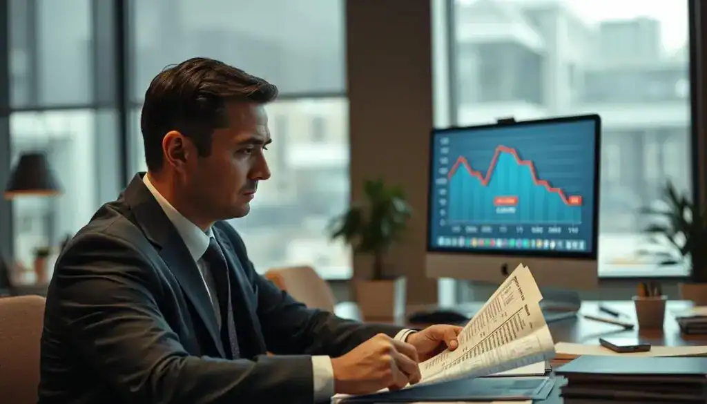 A visual representation of insurance negotiations, focusing on the concept of underpayment for claims. In the foreground, an insurance adjuster in a professional business suit sits at a desk, reviewing documents with a concerned expression. In the middle layer, there's a computer screen displaying a graph depicting declining claim amounts. The background showcases a modern office environment with muted colors, large windows allowing natural light to fill the space, creating a somber mood. The lighting is soft yet focused, highlighting the adjuster's face and the documents in front of him. The overall atmosphere conveys tension and unease, encapsulating the theme of reduced compensation in the insurance industry.