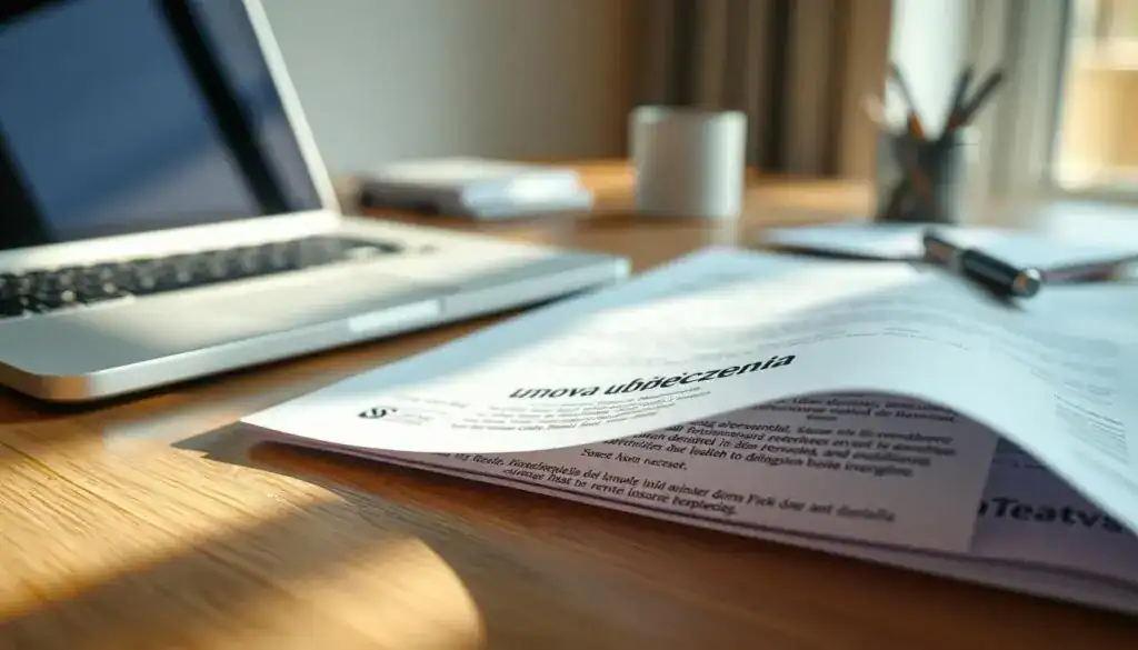 A close-up view of a detailed insurance contract titled "umowa ubezpieczenia," elegantly laid on a wooden desk. The contract is partially unfurled, showcasing official language, signatures, and company logos, giving a sense of authenticity and importance. In the background, there are blurred elements of a professional office environment, including a laptop and a pen, emphasizing a business atmosphere. Soft, natural lighting from a nearby window casts gentle shadows, creating a warm and inviting mood. The focus is sharp on the contract, with a slight depth of field effect to highlight its significance in the process of claims settlement. A close-up view of a detailed insurance contract titled "umowa ubezpieczenia," elegantly laid on a wooden desk. The contract is partially unfurled, showcasing official language, signatures, and company logos, giving a sense of authenticity and importance. In the background, there are blurred elements of a professional office environment, including a laptop and a pen, emphasizing a business atmosphere. Soft, natural lighting from a nearby window casts gentle shadows, creating a warm and inviting mood. The focus is sharp on the contract, with a slight depth of field effect to highlight its significance in the process of claims settlement.