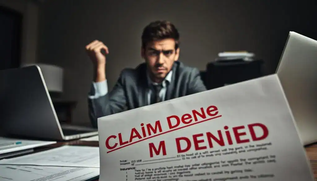 A distressed individual sitting at a desk cluttered with insurance documents and a laptop, looking frustrated as they study a denial letter for compensation. In the foreground, a close-up of the letter with "Claim Denied" stamped prominently in red. In the middle ground, the person, dressed in professional attire, displays a mix of confusion and determination. The background reveals a dimly lit office space, with shadows creating a somber and tense atmosphere. Soft, focused lighting highlights the individual's face and the letter, capturing a moment of contemplation. A subtle, straight-on camera angle emphasizes the emotional weight of the situation, evoking feelings of uncertainty and urgency surrounding the claim process. A distressed individual sitting at a desk cluttered with insurance documents and a laptop, looking frustrated as they study a denial letter for compensation. In the foreground, a close-up of the letter with "Claim Denied" stamped prominently in red. In the middle ground, the person, dressed in professional attire, displays a mix of confusion and determination. The background reveals a dimly lit office space, with shadows creating a somber and tense atmosphere. Soft, focused lighting highlights the individual's face and the letter, capturing a moment of contemplation. A subtle, straight-on camera angle emphasizes the emotional weight of the situation, evoking feelings of uncertainty and urgency surrounding the claim process.