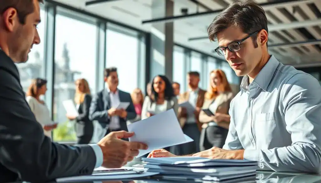 A dynamic scene depicting common practices of insurance companies, illustrating themes of negotiation and assessment. In the foreground, a professional insurance agent in business attire, with a thoughtful expression, is examining a stack of documents at a desk. In the middle ground, a diverse group of customers, looking concerned yet engaged, is discussing their claims with each other. The background features a modern office environment with large windows allowing natural light to flood in, creating a bright and transparent atmosphere. Soft shadows add depth. The overall mood is serious yet hopeful, reflecting the importance of understanding insurance practices.