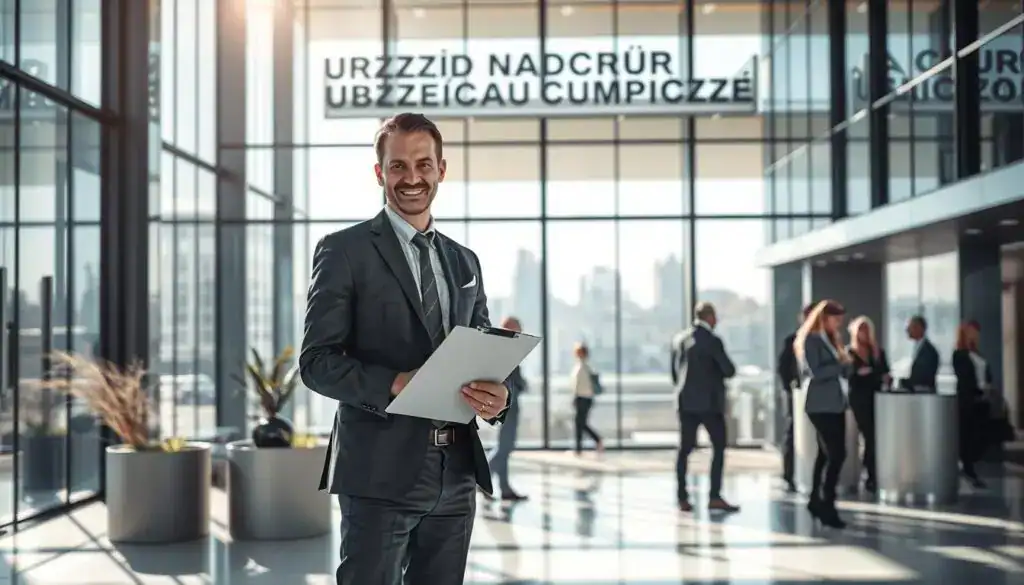 A modern office building representing "Urząd Nadzoru Ubezpieczeń," showcasing a blend of glass and steel architecture. In the foreground, a professional-looking individual in business attire stands, holding a clipboard and discussing implications with a colleague. The middle ground features a busy reception area with people engaged in conversations, reflecting the hustle of regulatory processes. The background reveals large windows with a city skyline, bathed in natural daylight, creating a bright and optimistic atmosphere. Soft shadows are cast, emphasizing professionalism and authority. The entire setting conveys a sense of oversight and diligence, ideal for highlighting the impact of supervisory institutions on insurance claims. A modern office building representing "Urząd Nadzoru Ubezpieczeń," showcasing a blend of glass and steel architecture. In the foreground, a professional-looking individual in business attire stands, holding a clipboard and discussing implications with a colleague. The middle ground features a busy reception area with people engaged in conversations, reflecting the hustle of regulatory processes. The background reveals large windows with a city skyline, bathed in natural daylight, creating a bright and optimistic atmosphere. Soft shadows are cast, emphasizing professionalism and authority. The entire setting conveys a sense of oversight and diligence, ideal for highlighting the impact of supervisory institutions on insurance claims.