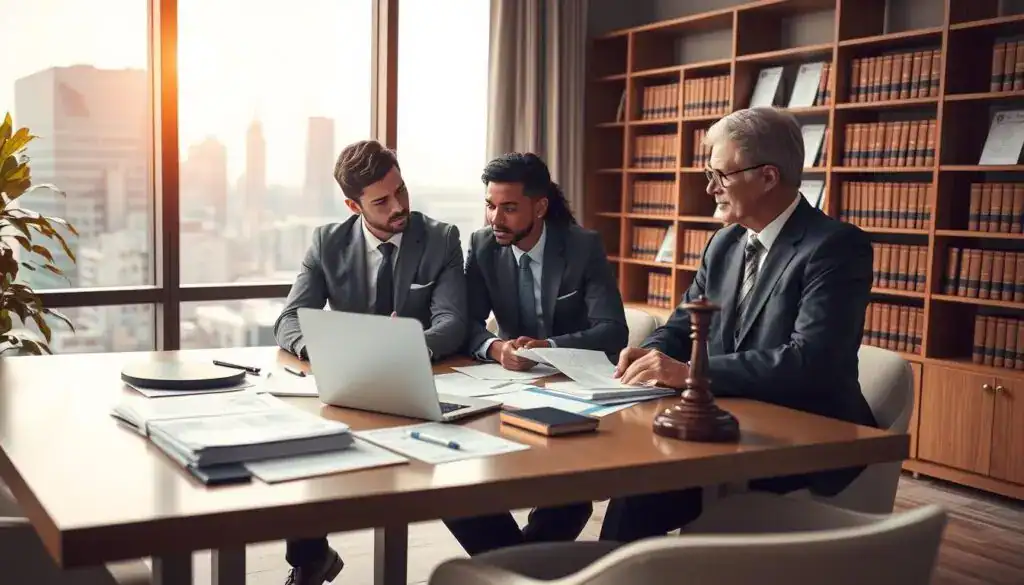 A professional and modern office setting focused on an insurance theme. In the foreground, a diverse group of three business professionals—two men and one woman—are engaged in a serious discussion around a large table covered with documents, charts, and a laptop. They wear business attire, exuding a sense of authority and expertise. In the middle ground, a large window reveals a city skyline, symbolizing ambition and responsibility. The background features shelves filled with legal books and insurance certificates, emphasizing the legal aspects of insurance liability. Soft, warm lighting casts a professional glow across the scene, creating a serious yet collaborative atmosphere. The camera angle is slightly elevated, capturing the dynamics of the discussion while maintaining focus on the importance of insurer responsibility and legal compliance. A professional and modern office setting focused on an insurance theme. In the foreground, a diverse group of three business professionals—two men and one woman—are engaged in a serious discussion around a large table covered with documents, charts, and a laptop. They wear business attire, exuding a sense of authority and expertise. In the middle ground, a large window reveals a city skyline, symbolizing ambition and responsibility. The background features shelves filled with legal books and insurance certificates, emphasizing the legal aspects of insurance liability. Soft, warm lighting casts a professional glow across the scene, creating a serious yet collaborative atmosphere. The camera angle is slightly elevated, capturing the dynamics of the discussion while maintaining focus on the importance of insurer responsibility and legal compliance.
