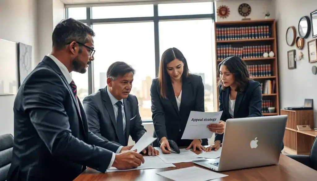 A professional business meeting scene set in a modern office environment. In the foreground, a diverse group of three business people, two men and one woman, are engaged in a serious discussion over a table filled with documents and a laptop. The woman is pointing at a document labeled 'appeal strategy' while the men listen attentively, all dressed in smart business attire. In the middle ground, a large window reveals a city skyline, casting soft natural light into the room, enhancing the atmosphere of focus and determination. The background features bookshelves filled with legal books and awards on the wall, reflecting a professional and competitive ambiance. The overall mood is serious and contemplative, perfect for illustrating the theme of an appeal strategy in the context of insurance disputes.
