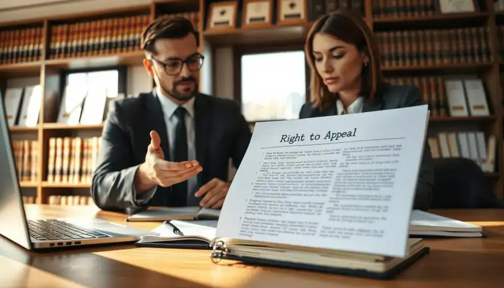 A professional business setting featuring a well-dressed male and female lawyer engaged in discussion around a table with legal documents and a laptop. The foreground shows the two individuals, focused and serious, with one gesturing towards a document labeled "Right to Appeal." In the middle, a notepad filled with notes and underlined paragraphs emphasizes the theme of appeals in legal decisions. Soft natural lighting streams through large windows, casting gentle shadows that create a thoughtful atmosphere. The background displays shelves filled with law books and certificates, reinforcing the academic and professional environment. The lens captures a slightly angled view, highlighting the engaged expressions of the lawyers as they contemplate the intricacies of appeal rights.