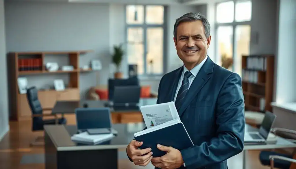 A professional financial ombudsman stands confidently in an elegantly designed office environment, representing the "Rzecznik Finansowy". The foreground features a middle-aged man in a tailored navy suit, with a friendly yet authoritative expression, holding a folder of documents related to insurance claims. In the middle background, a sleek modern desk with financial reports and a laptop is visible, alongside a bookshelf filled with legal literature. Soft natural light floods the room from large windows, creating a warm, inviting atmosphere. The scene imparts a sense of trust and professionalism, ideal for an article discussing conflict resolution in insurance disputes.