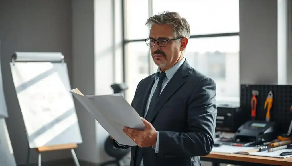 A professional independent appraiser stands confidently in a modern office setting, surrounded by blueprints and accident reports. In the foreground, the appraiser, a middle-aged individual, is dressed in smart business attire, intently reviewing documents with a focused expression. The background features a large window with natural light streaming in, casting soft shadows that create a calm, analytical atmosphere. An assortment of tools and equipment related to vehicle assessment are neatly arranged on a nearby desk. The scene exudes professionalism and authority, highlighting the importance of unbiased evaluations in insurance claims. The composition should utilize a shallow depth of field to emphasize the appraiser while keeping the background softly blurred, reflecting a serious yet approachable mood. A professional independent appraiser stands confidently in a modern office setting, surrounded by blueprints and accident reports. In the foreground, the appraiser, a middle-aged individual, is dressed in smart business attire, intently reviewing documents with a focused expression. The background features a large window with natural light streaming in, casting soft shadows that create a calm, analytical atmosphere. An assortment of tools and equipment related to vehicle assessment are neatly arranged on a nearby desk. The scene exudes professionalism and authority, highlighting the importance of unbiased evaluations in insurance claims. The composition should utilize a shallow depth of field to emphasize the appraiser while keeping the background softly blurred, reflecting a serious yet approachable mood.
