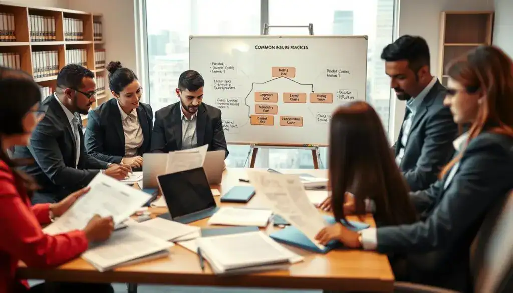 A professional insurance office setting, featuring a group of diverse professionals in smart business attire engaged in a discussion around a table piled with documents and laptops. The foreground highlights focused expressions and body language as they analyze paperwork related to claims. In the middle ground, a large whiteboard showcases a flowchart of common insurance practices, with highlighted areas signaling discrepancies and red flags. The background is softly out of focus, depicting shelves filled with policy books and a window revealing a bustling cityscape. Warm lighting casts a professional yet serious atmosphere, emphasizing the importance of the subject. A slightly angled view captures both table interaction and the informative elements, evoking a sense of urgency and diligence in the insurance assessment process. A professional insurance office setting, featuring a group of diverse professionals in smart business attire engaged in a discussion around a table piled with documents and laptops. The foreground highlights focused expressions and body language as they analyze paperwork related to claims. In the middle ground, a large whiteboard showcases a flowchart of common insurance practices, with highlighted areas signaling discrepancies and red flags. The background is softly out of focus, depicting shelves filled with policy books and a window revealing a bustling cityscape. Warm lighting casts a professional yet serious atmosphere, emphasizing the importance of the subject. A slightly angled view captures both table interaction and the informative elements, evoking a sense of urgency and diligence in the insurance assessment process.