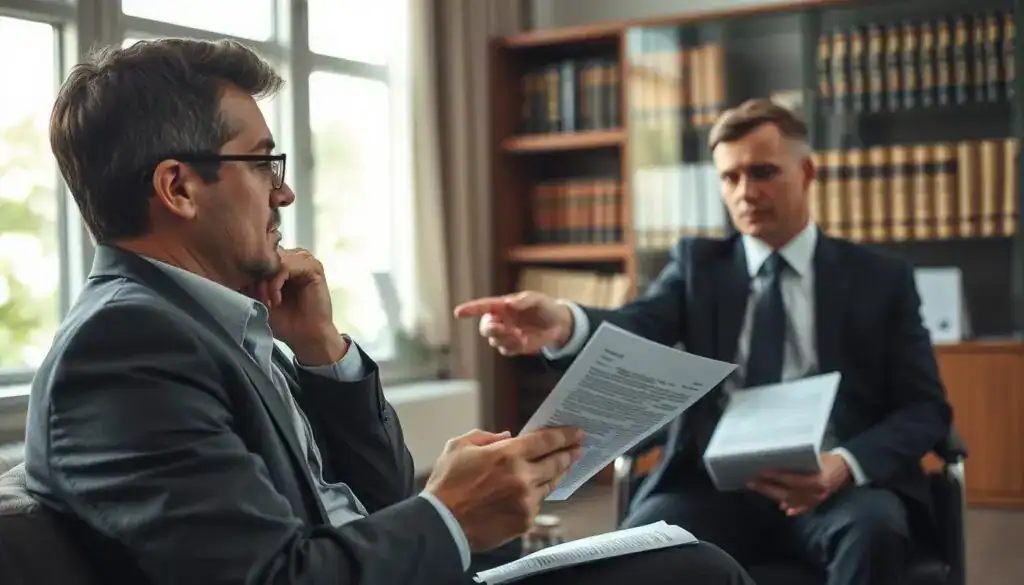 A professional legal consultation scene depicting a worried client sitting across from a lawyer in a modern office environment. The foreground features the client, wearing modest business attire, looking distressed while reviewing insurance documents with a magnifying glass. In the middle ground, the lawyer is pointing to specific clauses in the documents, showing empathy and seriousness. The background displays a large window with natural light flooding the room, highlighting a bookshelf filled with legal texts. The atmosphere is somber yet hopeful, symbolizing the struggle and determination for fair compensation. The image should have soft, diffuse lighting to create a thoughtful and introspective mood, with a slightly shallow depth of field to focus on the interaction between the client and lawyer.