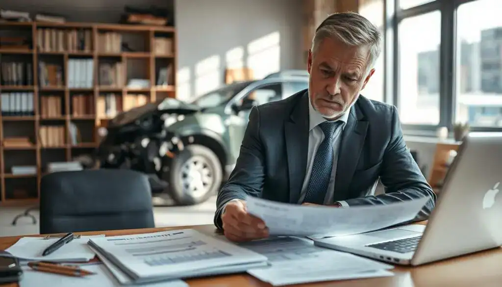 A professional loss adjuster assessing damage in an office environment. In the foreground, a middle-aged man in a smart, tailored suit examines a car accident report on his desk, surrounded by various documents and a laptop. He has a serious expression, indicating his focus and expertise. In the middle ground, a damaged vehicle is visible through a large window with natural light streaming in, casting soft shadows across the room. The background includes shelves filled with books and industry tools, conveying a sense of professionalism and authority. The atmosphere is analytical and focused, emphasizing the important role of the adjuster in the claims process. The image captures the essence of diligence and professionalism in the field of damage assessment. A professional loss adjuster assessing damage in an office environment. In the foreground, a middle-aged man in a smart, tailored suit examines a car accident report on his desk, surrounded by various documents and a laptop. He has a serious expression, indicating his focus and expertise. In the middle ground, a damaged vehicle is visible through a large window with natural light streaming in, casting soft shadows across the room. The background includes shelves filled with books and industry tools, conveying a sense of professionalism and authority. The atmosphere is analytical and focused, emphasizing the important role of the adjuster in the claims process. The image captures the essence of diligence and professionalism in the field of damage assessment.
