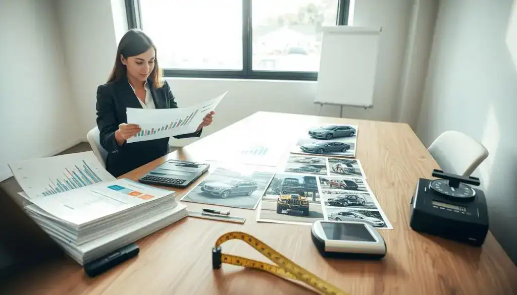 A professional office environment focused on assessing damage valuation. In the foreground, a well-dressed businesswoman examines documents and a laptop displaying graphs and charts related to damage analysis. Beside her, a neat stack of assessment reports and a calculator. In the middle ground, a conference table with various images of damaged vehicles and equipment spread out, along with measuring tools such as a tape measure and a digital scale. The background features a large window with natural light streaming in, creating an optimistic atmosphere. The lighting is soft yet bright, enhancing the analytical mood. The camera angle is slightly elevated, capturing the scene from a dynamic perspective that emphasizes the professional atmosphere. A professional office environment focused on assessing damage valuation. In the foreground, a well-dressed businesswoman examines documents and a laptop displaying graphs and charts related to damage analysis. Beside her, a neat stack of assessment reports and a calculator. In the middle ground, a conference table with various images of damaged vehicles and equipment spread out, along with measuring tools such as a tape measure and a digital scale. The background features a large window with natural light streaming in, creating an optimistic atmosphere. The lighting is soft yet bright, enhancing the analytical mood. The camera angle is slightly elevated, capturing the scene from a dynamic perspective that emphasizes the professional atmosphere.