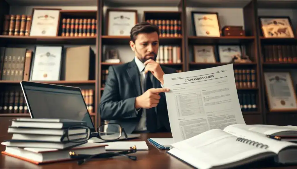 A professional office environment highlighting legal documents related to compensation claims. In the foreground, a well-organized desk with neatly stacked legal books, a laptop displaying a spreadsheet, and a pair of glasses. The middle ground features a thoughtful professional in business attire, pointing at a document, emphasizing a discussion on legal provisions regarding compensation. In the background, shelves filled with law books and framed legal certificates enhance the setting. Soft, warm lighting illuminates the scene, creating a focused and serious atmosphere. The camera angle is slightly above eye level, showcasing the depth of the office. The overall mood is one of professionalism and expertise, conveying the importance of legal regulations in compensation matters. A professional office environment highlighting legal documents related to compensation claims. In the foreground, a well-organized desk with neatly stacked legal books, a laptop displaying a spreadsheet, and a pair of glasses. The middle ground features a thoughtful professional in business attire, pointing at a document, emphasizing a discussion on legal provisions regarding compensation. In the background, shelves filled with law books and framed legal certificates enhance the setting. Soft, warm lighting illuminates the scene, creating a focused and serious atmosphere. The camera angle is slightly above eye level, showcasing the depth of the office. The overall mood is one of professionalism and expertise, conveying the importance of legal regulations in compensation matters.