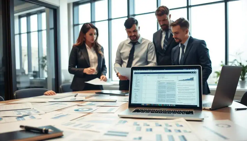 A professional office environment where a group of individuals is engaging in a detailed discussion about insurance claims. In the foreground, a diverse team of three business professionals, one woman and two men, dressed in smart business attire, are reviewing documents and diagrams related to damage assessment. The middle layer features a large conference table cluttered with charts, laptops, and legal papers, with a focus on a laptop screen displaying a detailed insurance claim form. The background shows a modern office setting with large windows letting in natural light, illuminating the workspace. The mood is focused and collaborative, suggesting a serious approach to preparing for the damage liquidation process. The perspective should be slightly elevated, capturing the entire scene in a balanced and engaging composition, without any text or distractions.