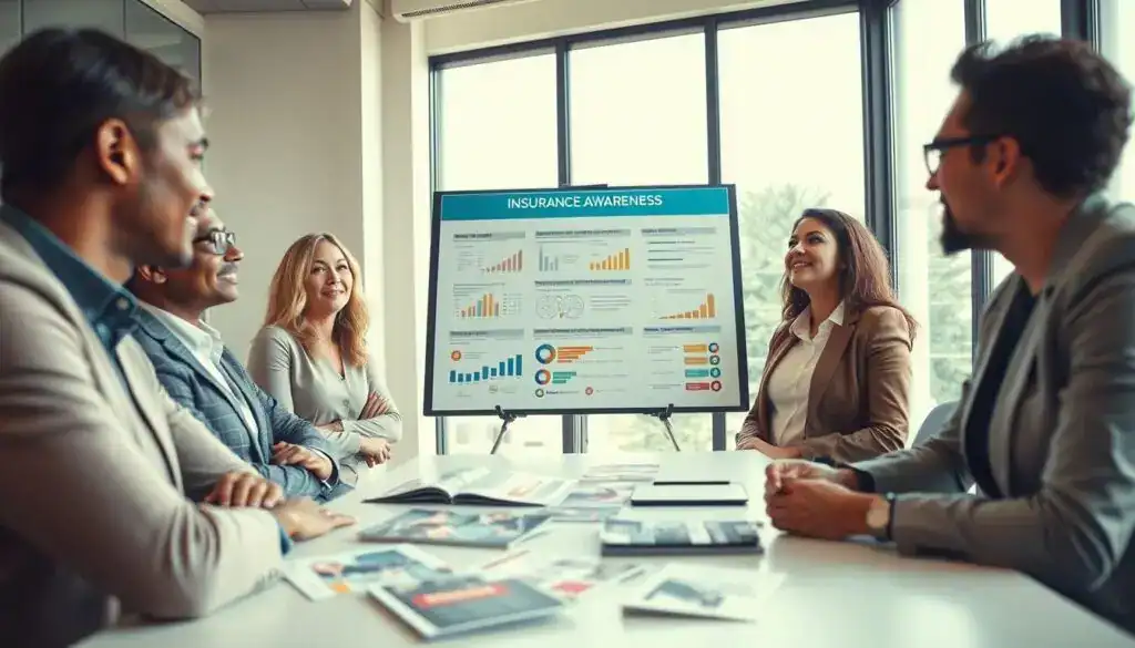 A professional office setting depicting a diverse group of people engaged in a dynamic discussion about insurance awareness. In the foreground, a mixed-gender group of three individuals, dressed in smart business attire, looks attentively at a large presentation board featuring graphs and infographics about customer education in insurance. The middle area showcases various educational materials like brochures and pamphlets scattered on a sleek table. In the background, a large window allows natural light to flood the room, creating a bright and encouraging atmosphere. The mood is collaborative and informative, suggesting a commitment to fostering customer understanding in the insurance industry. The camera angle is slightly elevated, capturing both the participants' expressions and the informative materials, highlighting the importance of education and awareness in making informed insurance decisions. A professional office setting depicting a diverse group of people engaged in a dynamic discussion about insurance awareness. In the foreground, a mixed-gender group of three individuals, dressed in smart business attire, looks attentively at a large presentation board featuring graphs and infographics about customer education in insurance. The middle area showcases various educational materials like brochures and pamphlets scattered on a sleek table. In the background, a large window allows natural light to flood the room, creating a bright and encouraging atmosphere. The mood is collaborative and informative, suggesting a commitment to fostering customer understanding in the insurance industry. The camera angle is slightly elevated, capturing both the participants' expressions and the informative materials, highlighting the importance of education and awareness in making informed insurance decisions.