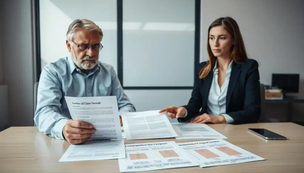 A professional office setting depicting a meeting between an insurance adjuster and a policyholder. In the foreground, the policyholder, a middle-aged person in smart casual attire, appears frustrated as they look at a letter of claim denial on the table. The insurance adjuster, a young woman in business attire, maintains a neutral expression while pointing at the document. In the middle of the scene, a variety of documents are neatly arranged on the table, including charts showing reduced compensation amounts. In the background, a large window allows soft natural light to illuminate the room, creating a slightly tense atmosphere. The overall color palette should be muted, emphasizing the seriousness of the discussion. No text or additional graphics are present.
