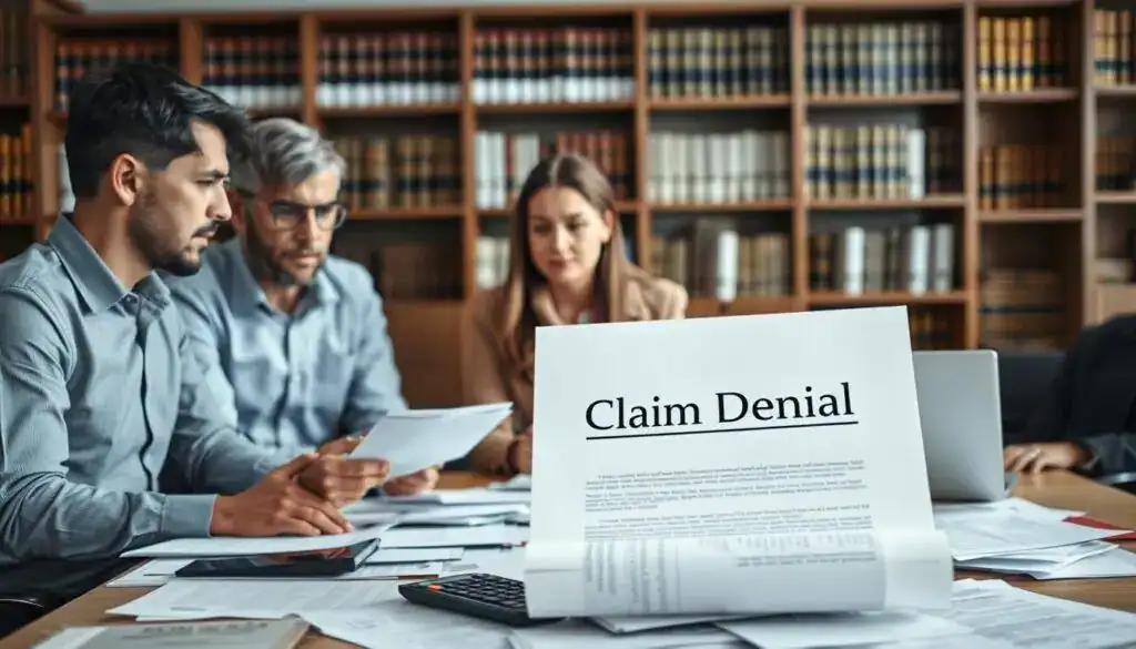 A professional office setting with a focus on an insurance claim process. In the foreground, a diverse group of three individuals in business attire (a middle-aged man, a young woman, and an older woman) are gathered around a table strewn with documents, discussing the issues in obtaining compensation, their expressions showing concern and contemplation. In the middle, a large, partially opened file folder labeled "Claim Denial" with various papers, a calculator, and a laptop, emphasizing the complexity of the process. In the background, softly blurred images of an office with bookshelves filled with law texts, creating a serious atmosphere. The lighting is bright and even, creating a clear but slightly tense mood, indicating the challenges faced when disputing claim errors. A professional office setting with a focus on an insurance claim process. In the foreground, a diverse group of three individuals in business attire (a middle-aged man, a young woman, and an older woman) are gathered around a table strewn with documents, discussing the issues in obtaining compensation, their expressions showing concern and contemplation. In the middle, a large, partially opened file folder labeled "Claim Denial" with various papers, a calculator, and a laptop, emphasizing the complexity of the process. In the background, softly blurred images of an office with bookshelves filled with law texts, creating a serious atmosphere. The lighting is bright and even, creating a clear but slightly tense mood, indicating the challenges faced when disputing claim errors.