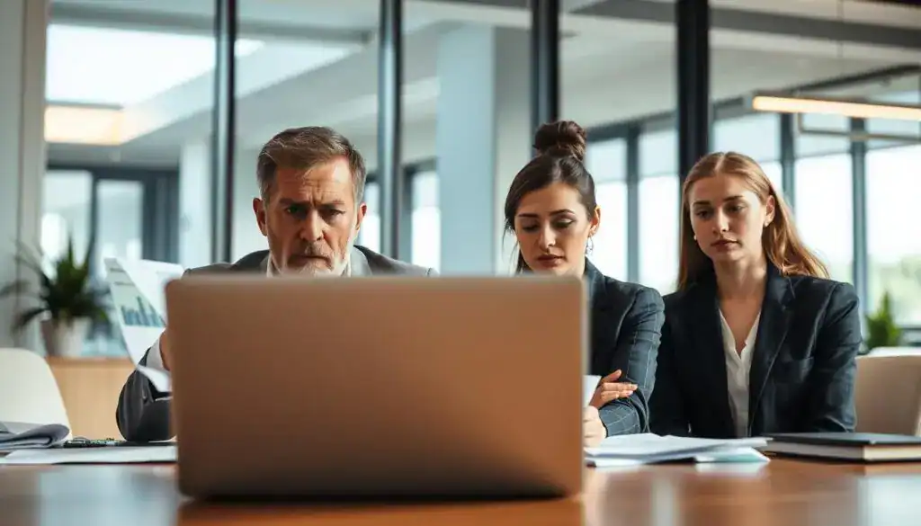 A professional setting depicting individuals discussing common mistakes made by claimants in insurance cases. In the foreground, two people in business attire, a middle-aged man and a young woman, are seated at a conference table, looking concerned as they review documents. The middle ground features an open laptop with charts and data visible, symbolizing analysis and awareness. In the background, a large window allows natural light to flood the room, illuminating modern office elements. The atmosphere is tense yet focused, reflecting the seriousness of insurance claims and the importance of understanding the pitfalls claimants often encounter. The focus is on their expressions of realization and determination, emphasizing the theme of learning from mistakes.