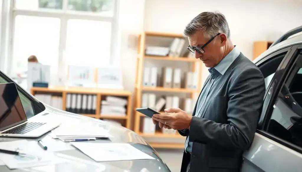 A professional setting featuring an insurance adjuster inspecting a damaged car in a well-lit office environment. In the foreground, a focused middle-aged individual dressed in business attire carefully examines the vehicle’s dents and scratches while taking notes on a digital device. In the middle ground, documents, charts, and a laptop are visible, displaying data on damage assessments and evaluations. The background features shelves with insurance manuals and a large window allowing natural light to filter in, creating a bright and open atmosphere. The overall mood is diligent and analytical, reflecting the seriousness of damage appraisal and its impact on insurance payouts. Use soft, even lighting and a slight depth of field to enhance the focus on the adjuster and the car, conveying an atmosphere of professionalism and careful evaluation. A professional setting featuring an insurance adjuster inspecting a damaged car in a well-lit office environment. In the foreground, a focused middle-aged individual dressed in business attire carefully examines the vehicle’s dents and scratches while taking notes on a digital device. In the middle ground, documents, charts, and a laptop are visible, displaying data on damage assessments and evaluations. The background features shelves with insurance manuals and a large window allowing natural light to filter in, creating a bright and open atmosphere. The overall mood is diligent and analytical, reflecting the seriousness of damage appraisal and its impact on insurance payouts. Use soft, even lighting and a slight depth of field to enhance the focus on the adjuster and the car, conveying an atmosphere of professionalism and careful evaluation.