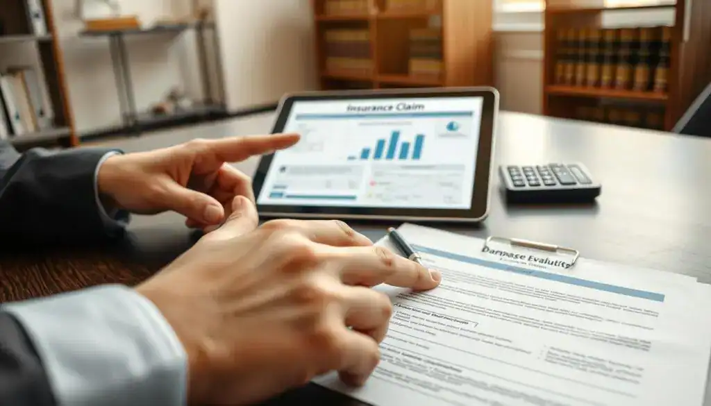 A professional setting illustrating the concept of damage assessment, featuring a close-up perspective of a detailed insurance claim document on a sleek, dark wooden desk. In the foreground, a pair of hands in formal business attire points to marked areas on the document, emphasizing key damage evaluation points. In the middle ground, a digital tablet displays graphs and damage reports, while a calculator sits close by, symbolizing the analytical aspect of claims assessment. The background consists of a softly blurred office environment, with shelves of legal books and a window allowing gentle natural light to illuminate the scene, creating a serious yet focused atmosphere, suggesting professionalism and trust in the insurance process.