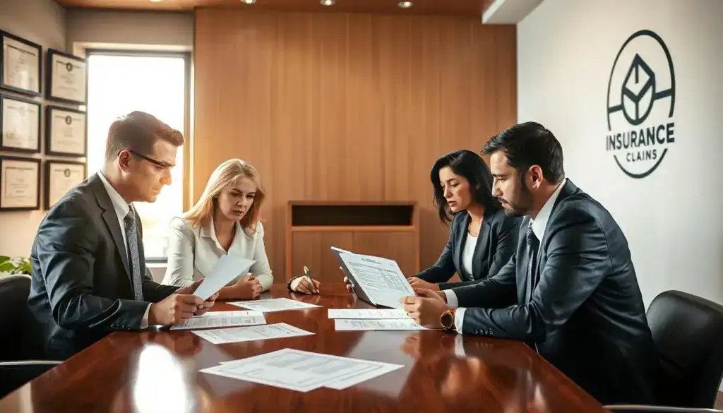 A professional setting illustrating the theme "examples of reduced compensation" in an insurance context. In the foreground, a diverse group of business professionals in formal attire, including a male and female insurance agent discussing a claim with a concerned policyholder. They are seated at a polished wooden table, with documents and a laptop open, showcasing numerical discrepancies. In the middle ground, a large window with natural sunlight streaming in creates a warm atmosphere. The background features a wall adorned with framed certificates and a large company logo. The lighting is bright and professional, highlighting the serious discussion. The mood is tense yet focused, capturing the essence of negotiations and the implications of compensation adjustments. A professional setting illustrating the theme "examples of reduced compensation" in an insurance context. In the foreground, a diverse group of business professionals in formal attire, including a male and female insurance agent discussing a claim with a concerned policyholder. They are seated at a polished wooden table, with documents and a laptop open, showcasing numerical discrepancies. In the middle ground, a large window with natural sunlight streaming in creates a warm atmosphere. The background features a wall adorned with framed certificates and a large company logo. The lighting is bright and professional, highlighting the serious discussion. The mood is tense yet focused, capturing the essence of negotiations and the implications of compensation adjustments.