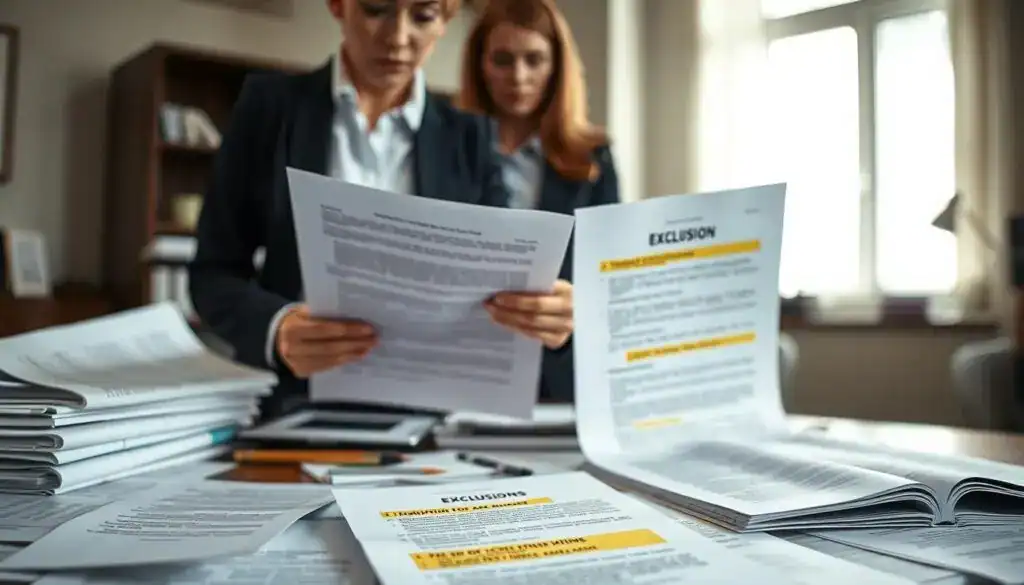 A symbolic representation of "exclusions in insurance policies." In the foreground, a professional woman in business attire holds an insurance document, with concerned expressions. In the middle, a table cluttered with various insurance papers and policy books, prominently featuring highlighted sections indicating exclusions. The background consists of a blurred office setting, emphasizing a serious and analytical atmosphere. Soft, natural lighting streams in from a window, casting gentle shadows. The lens perspective is slightly angled from below, suggesting a sense of authority. The mood is contemplative and informative, inviting viewers to understand the nuances of insurance exclusions. A symbolic representation of "exclusions in insurance policies." In the foreground, a professional woman in business attire holds an insurance document, with concerned expressions. In the middle, a table cluttered with various insurance papers and policy books, prominently featuring highlighted sections indicating exclusions. The background consists of a blurred office setting, emphasizing a serious and analytical atmosphere. Soft, natural lighting streams in from a window, casting gentle shadows. The lens perspective is slightly angled from below, suggesting a sense of authority. The mood is contemplative and informative, inviting viewers to understand the nuances of insurance exclusions.